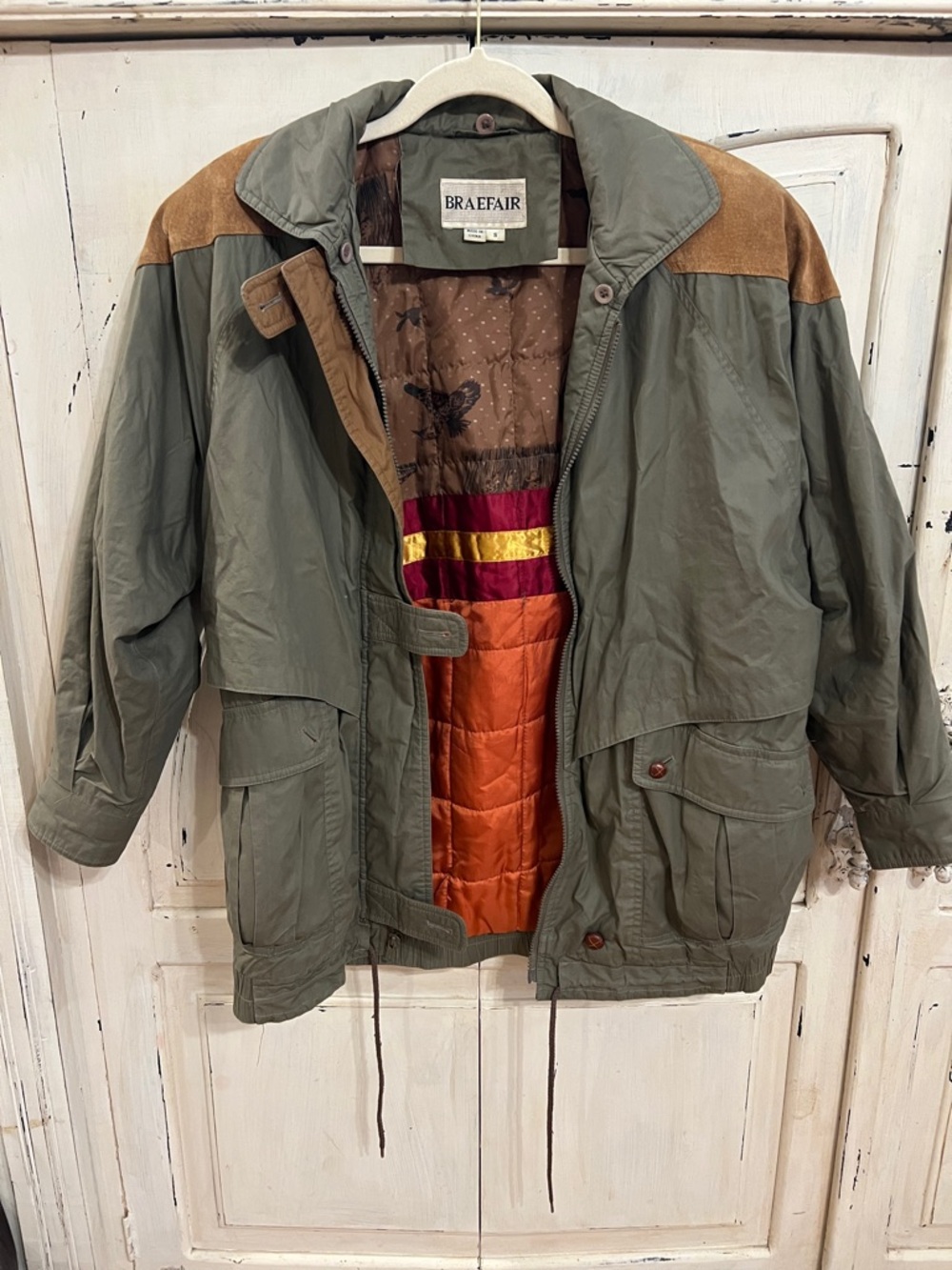 Braefair Vintage Utility Jacket Green Suede Shoulder Trim Lined Small